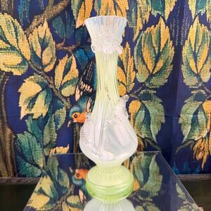 Uranium Art Glass Vase Opalescent Floral Applique 10"